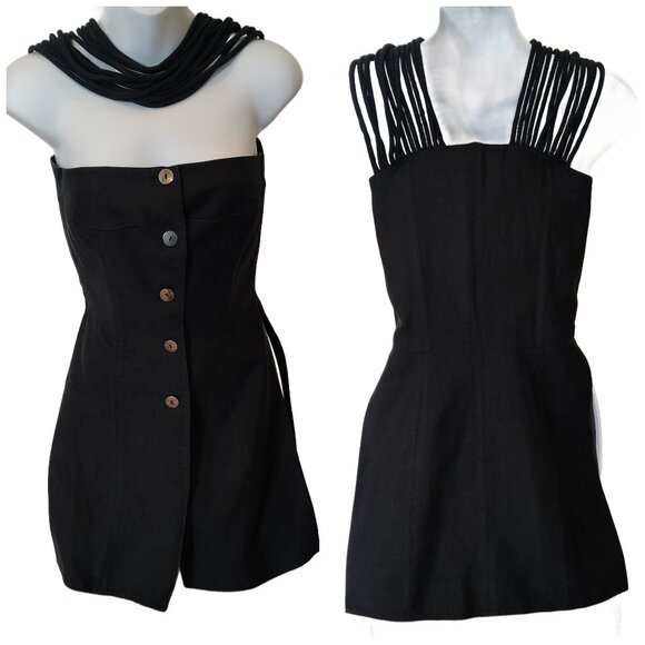 Vtg 1980s Claude Montana Black Linen Long Corset Top w' Rope Neckline Size 4 - Picture 1 of 11